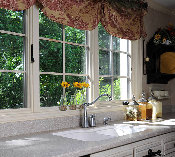 Printed curtains over sink